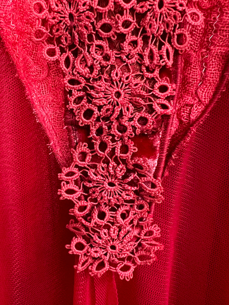 #1007 Breezy Hand Dyed Red Cotton Gauze and Velvet with Handmade Bobbin Lace