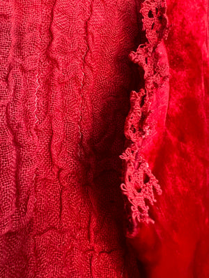 #1007 Breezy Hand Dyed Red Cotton Gauze and Velvet with Handmade Bobbin Lace