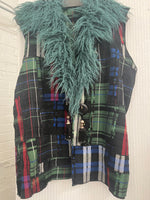 #796 Plaid Japanese Fabric, Belgian Faux Fur Collar, Antique Turkmen Tassels, Carved Wood