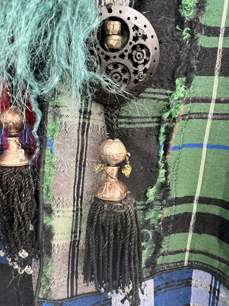 #796 Plaid Japanese Fabric, Belgian Faux Fur Collar, Antique Turkmen Tassels, Carved Wood