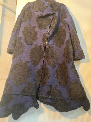 SALE #453 Italian Textured Coat Wool Large Black Flowers on Royal Blue