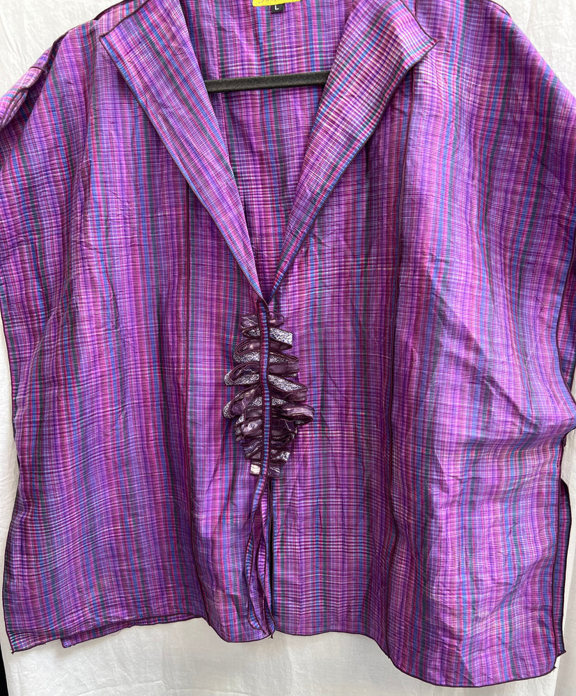 Sale #369 Vest Easy Loopy Purple Plaid Silk with Japanese Silk Shibori Closure, French Hand-Dyed Tulle