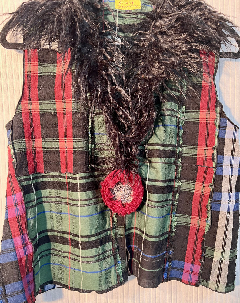 #756 Dancer’s Cropped Vest with Removable Pin on Japanese fabric with Belgian Faux Fur Collar